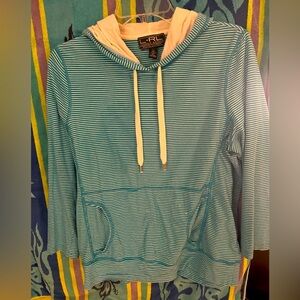 Ralph Lauren long sleeve pull over hoodie size, large, teal, and white striped